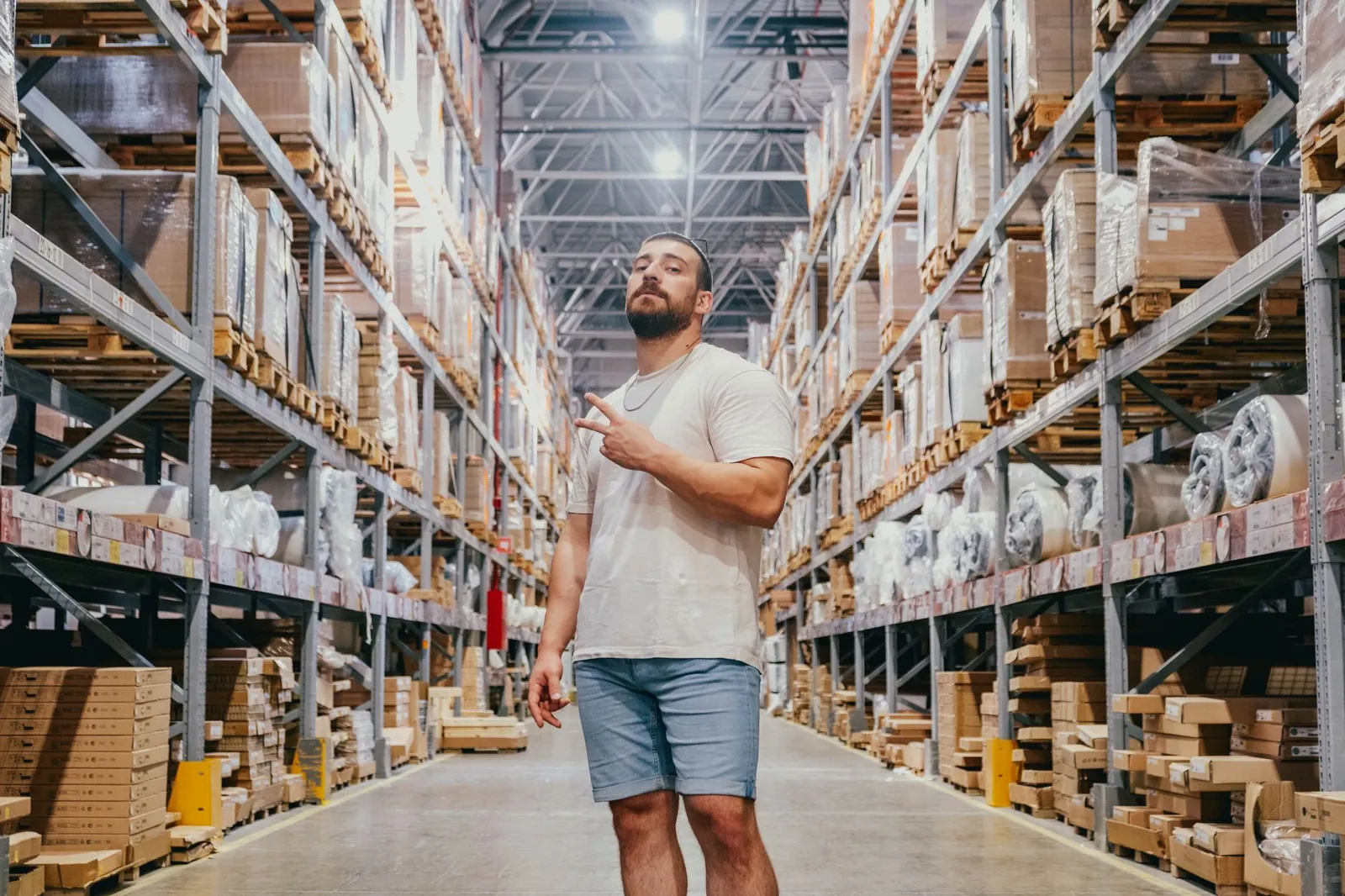 Young man posing in a warehouse aisle surrounded by racks and packages inside a spacious store. Stock photo illustrating Unicommerce Esolutions' partnership story.