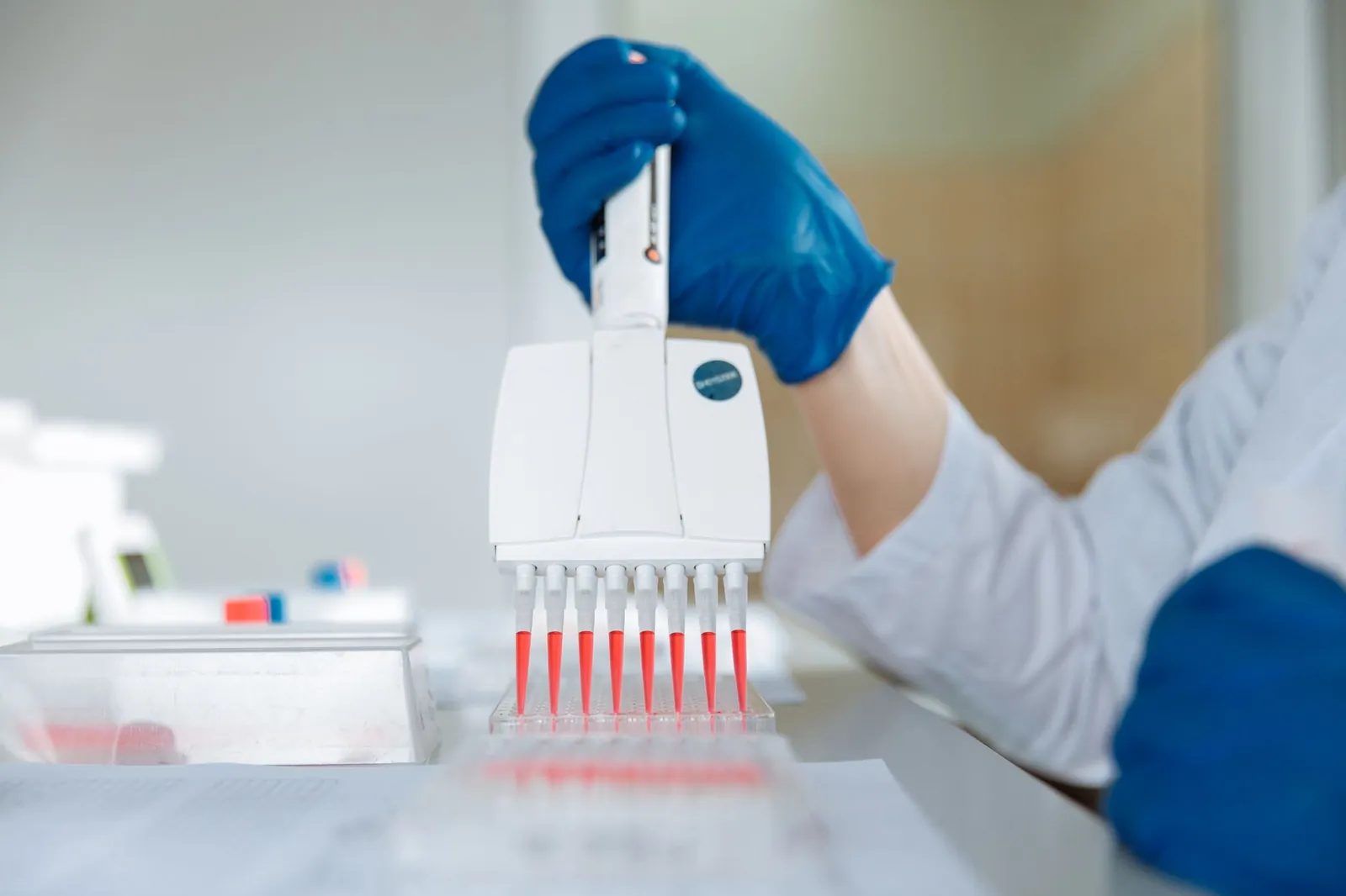 Close-up of a lab technician using a multichannel pipette for testing in a laboratory. Stock photo illustrating Chandan Healthcare's earning call story.