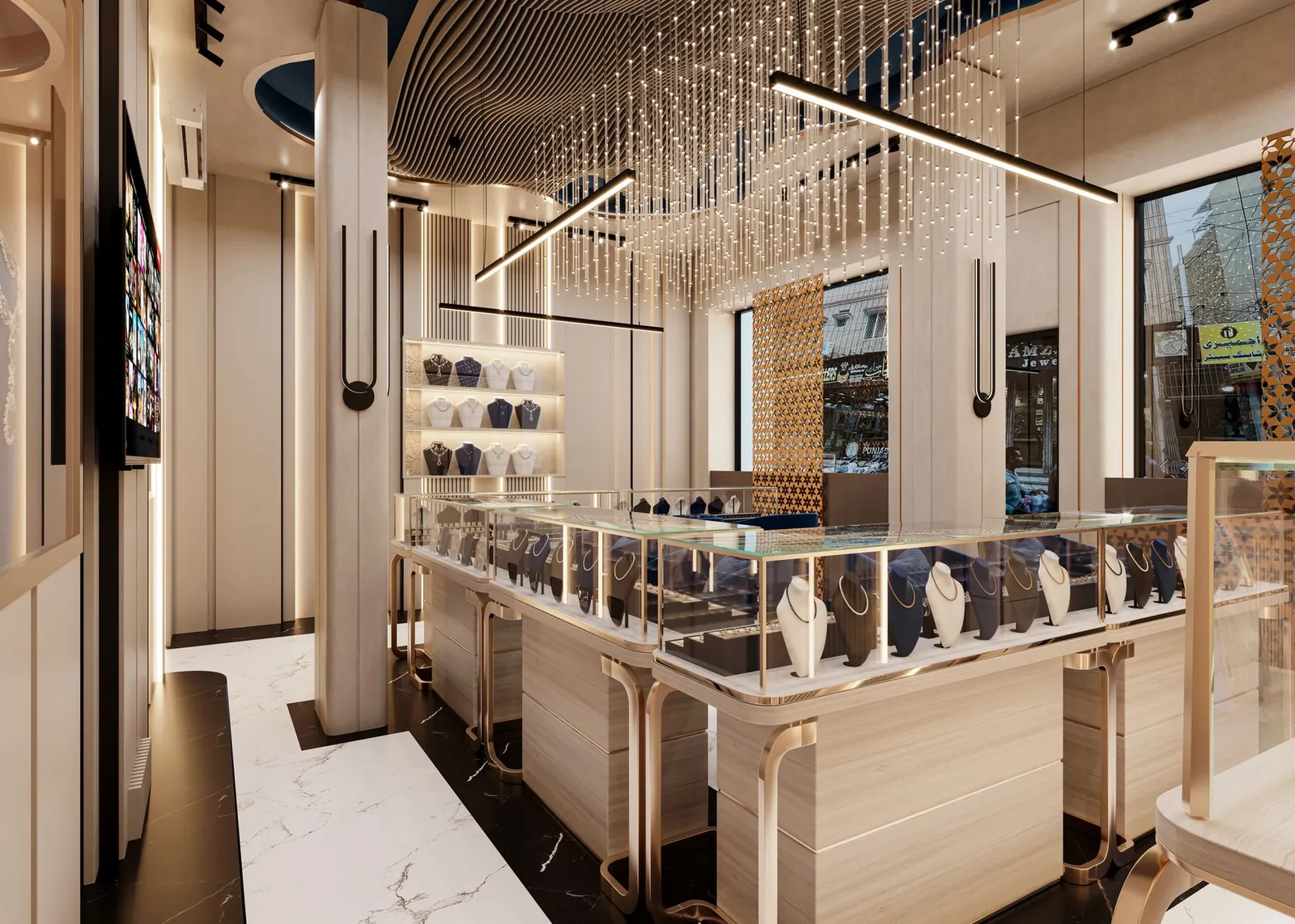 A stunning jewelry store interior featuring modern design with elegant lighting and showcases. Stock photo illustrating P N Gadgil Jewellers' earning call story.