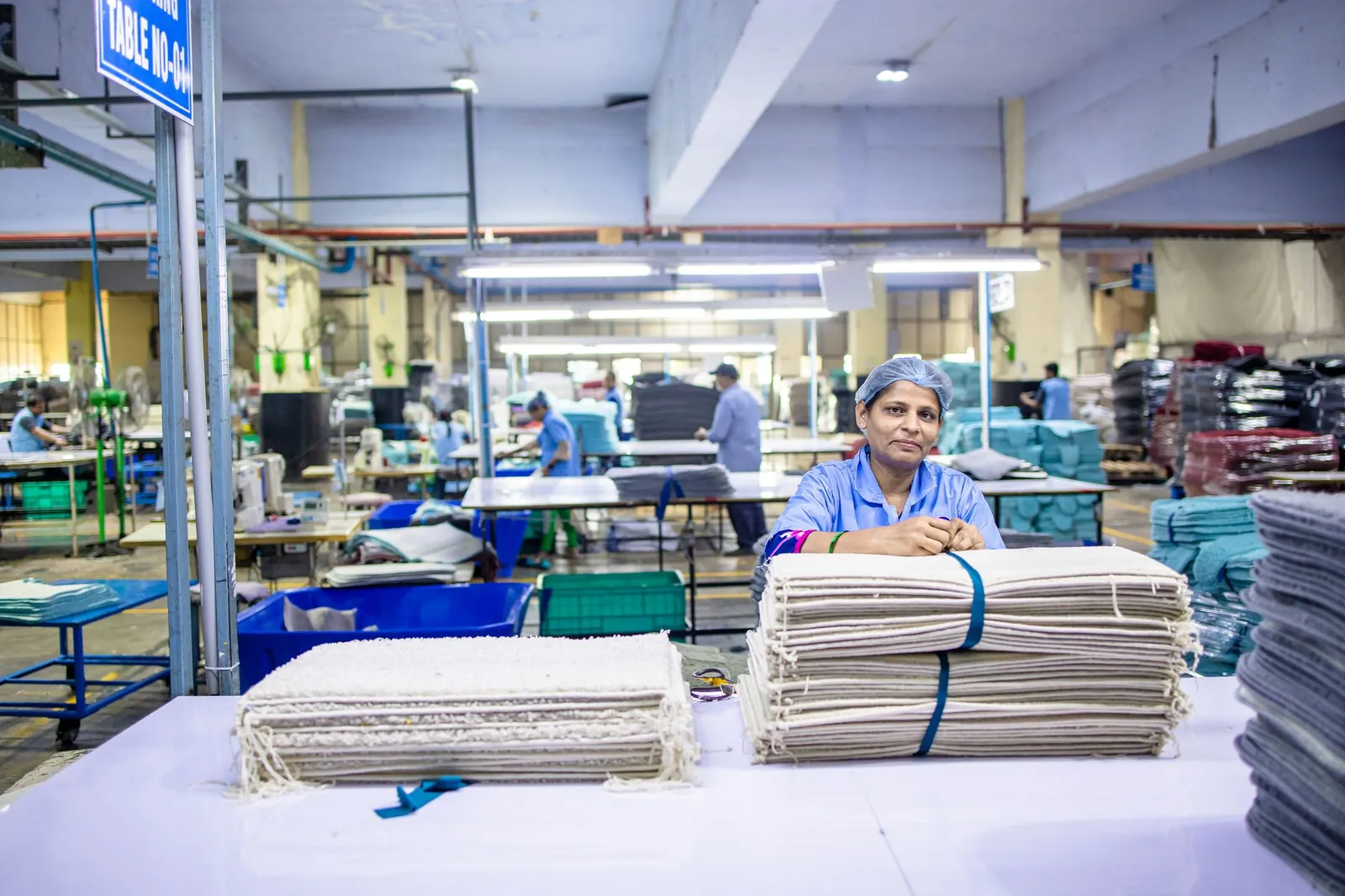 Female worker organizing textile bundles in an industrial factory setting, showcasing blue-collar labor. Stock photo illustrating Morepen Laboratories' financial results story.