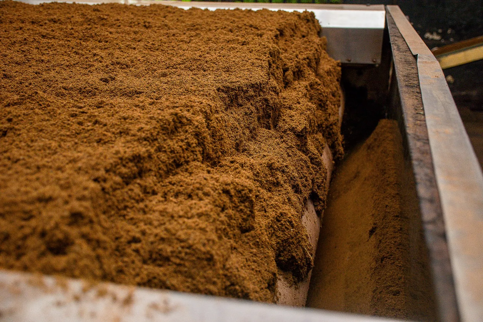 Detailed view of brown soil on an industrial conveyor belt inside a processing facility. Stock photo illustrating Chambal Fertilisers & Chemicals' production started story.