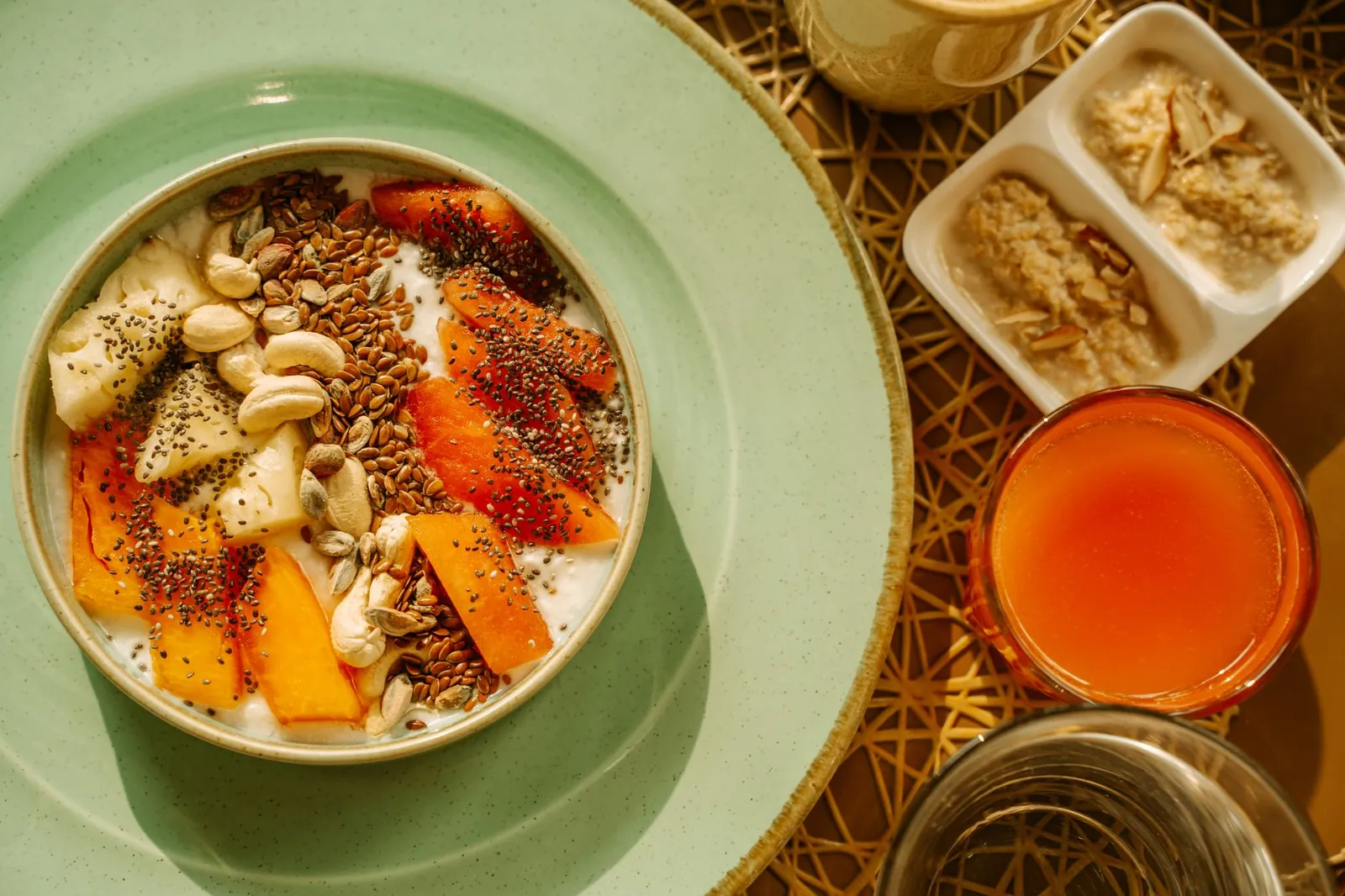 A vibrant breakfast bowl with yogurt, fruits, and seeds, perfect for a healthy morning start. Stock photo illustrating Orkla India's product launched story.
